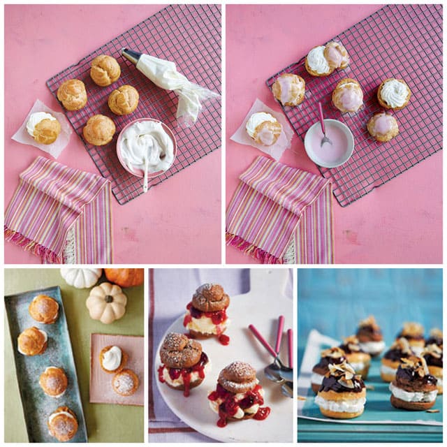 Collage showing the filling and decorating cream puffs - pictured are Pumpkin Pie Puffs, Black Cherry Profiteroles and Chocolate Almond Cream Puffs from Simply Sweet Dream Puffs. 