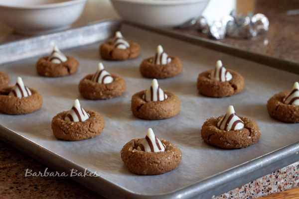 White Chocolate Kissed Gingerbread Cookies on a sheet pan