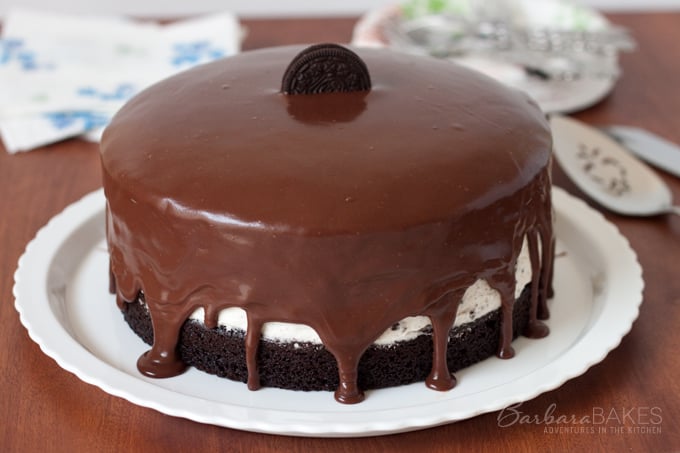 Chocolate Cake with an Oreo Cheesecake Filling recipe from Barbara Bakes