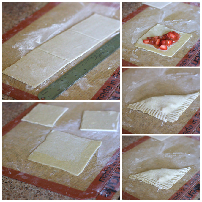 Collage of how to make Strawberry Rhubarb Puff Pastry Turnovers
