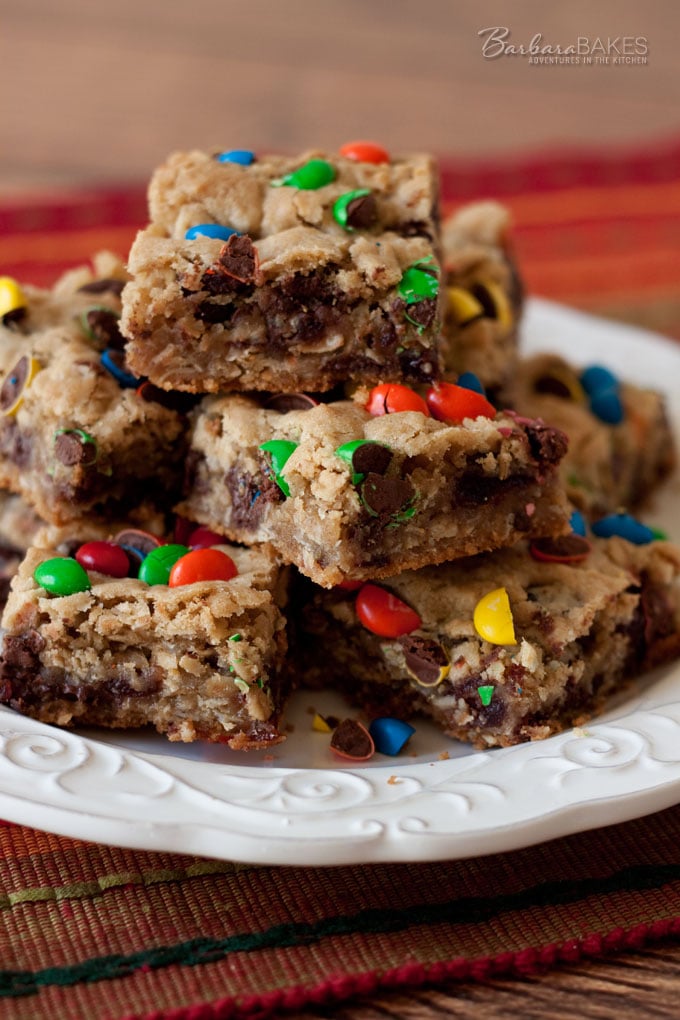 Chocolate Chip Coconut Oatmeal Bar Cookies with Dried Cherries and M&amp;Ms