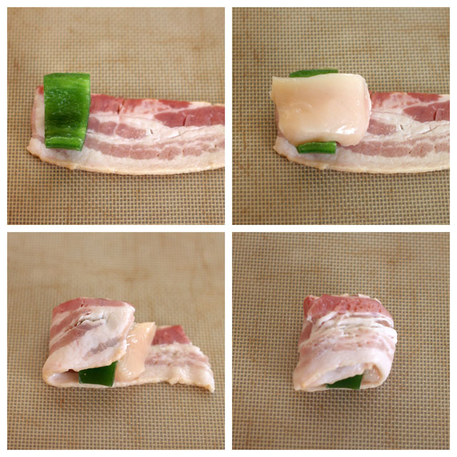 collage showing how to do Bacon-Wrapped-Chicken-Stuffed-Bites