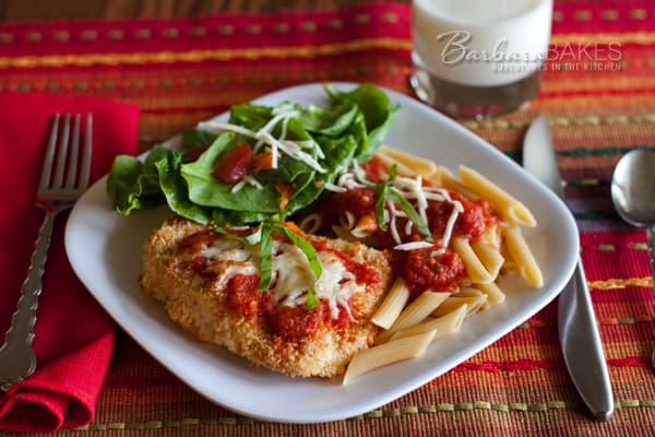 Lighter Chicken Parmesan&nbsp;– from the Best Light Recipe cookbook by Cook’s Illustrated, a fabulous Chicken Parmesan recipe. It’s crispy, cheasy, healthy and delicious.