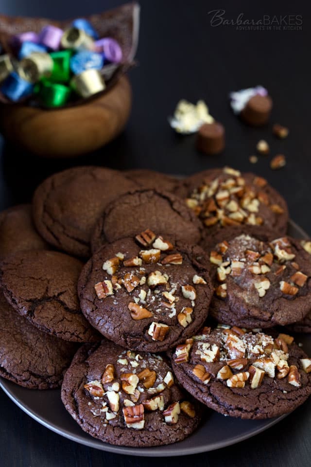 Chocolate caramel Role cookies on a brown plate