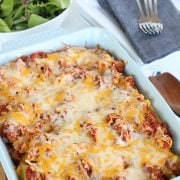 Chicken Sausage Pasta Bake in 13x9 pan with salad