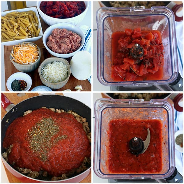 collage of mMaking a blender pasta sauce