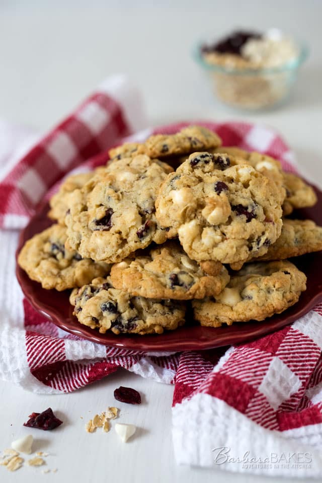 These White Chocolate Cranberry Oatmeal Cookies are a family favorite. They're loaded with dried cranberries, sweet creamy white chocolate chips, and good for your heart oatmeal. 