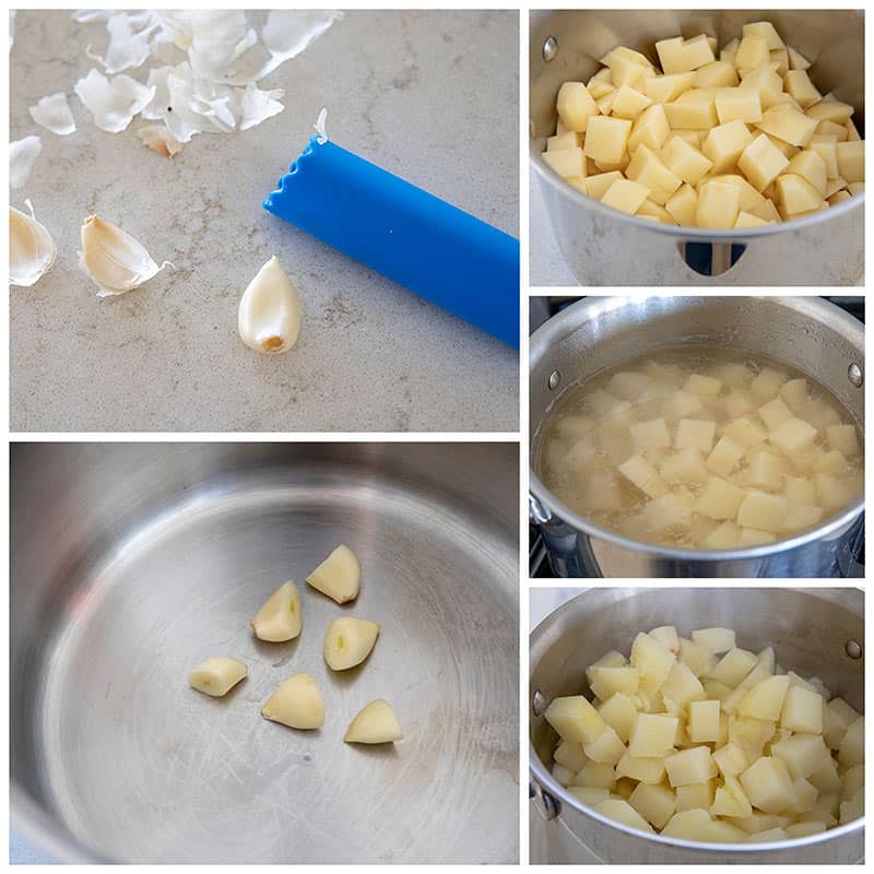 Cooking garlic mashed potatoes step by step photo collage for Caramelized Onion Mashed Potatoes