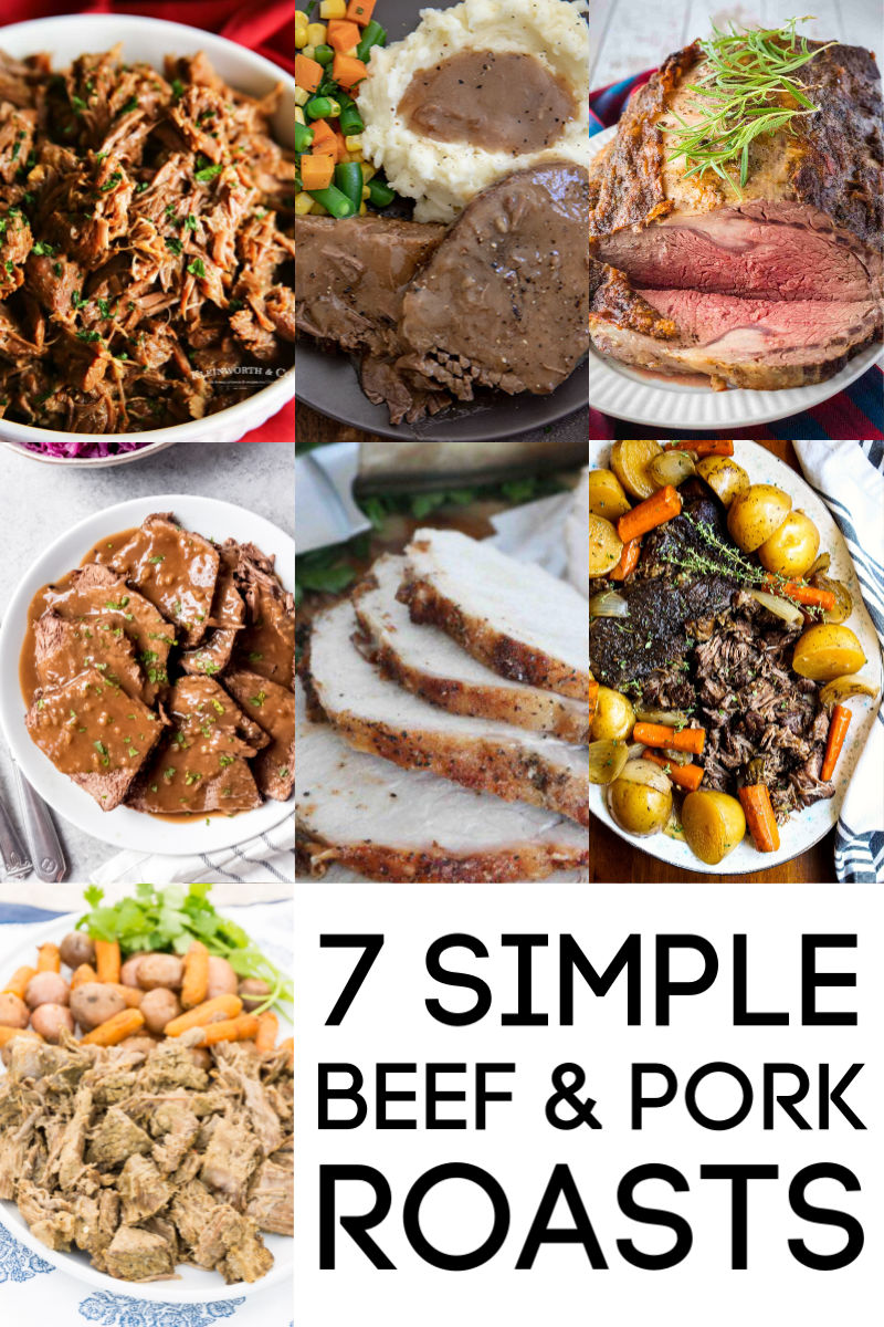 collage of 7 Simple Beef and Pork Roasts