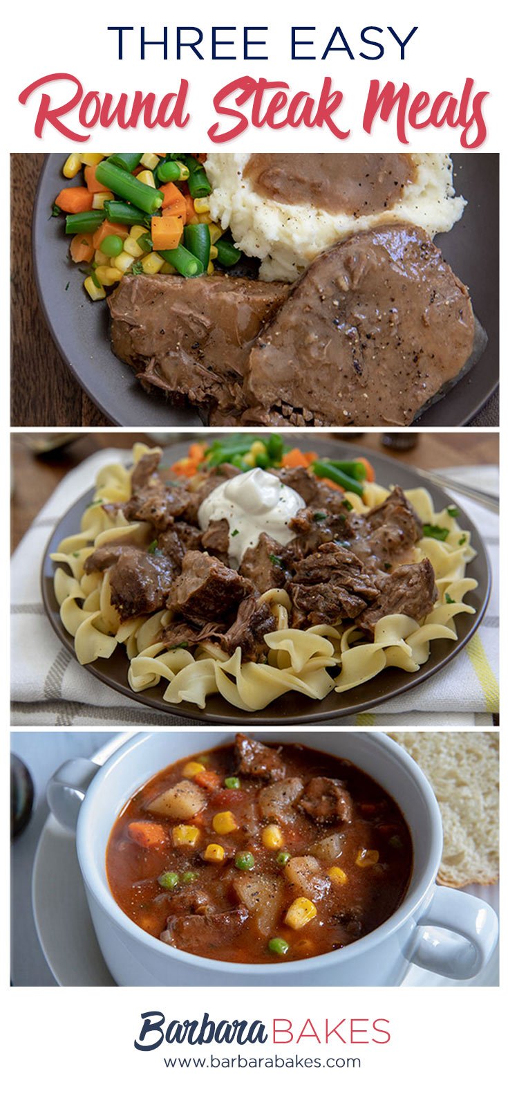 collage of 3 Easy Round Steak Meals