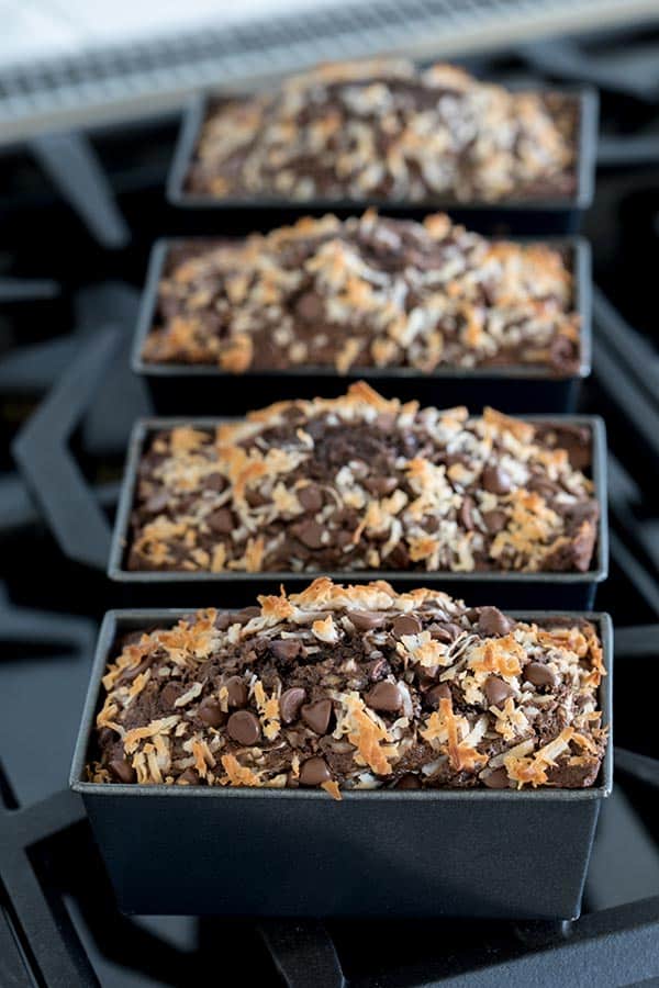 Chocolate Chip Coconut Chocolate Zucchini Bread in 3 loaf pans