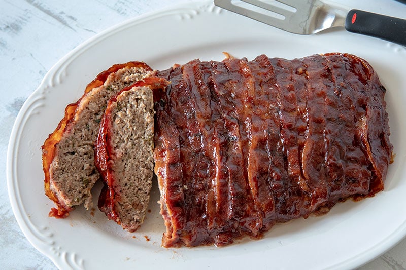 sliced BBQ Bacon Pioneer Woman Meatloaf on a platter