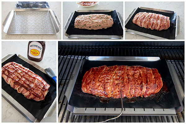 Step by step photo collage of cooking BBQ Bacon Pioneer Woman Meatloaf
