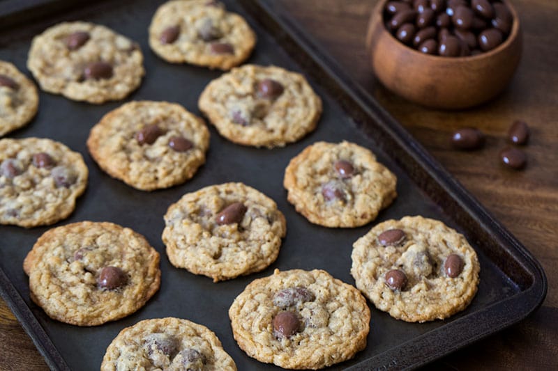 These fun Oatmeal Raisinet Cookies are a classic, chewy, buttery oatmeal cookie with a fun twist. Instead of raisins or chocolate chips, I've used chocolate covered raisins so you get the best of both worlds. 