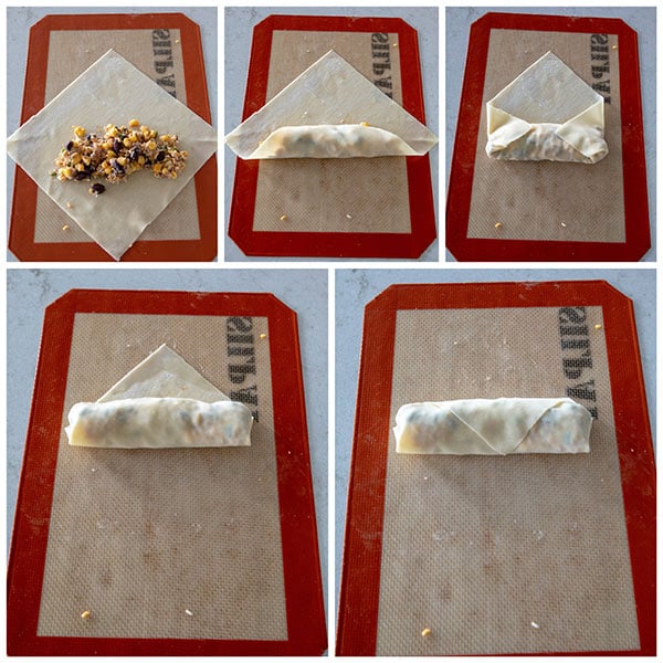 Collage of rolling up Southwest-Egg-Rolls