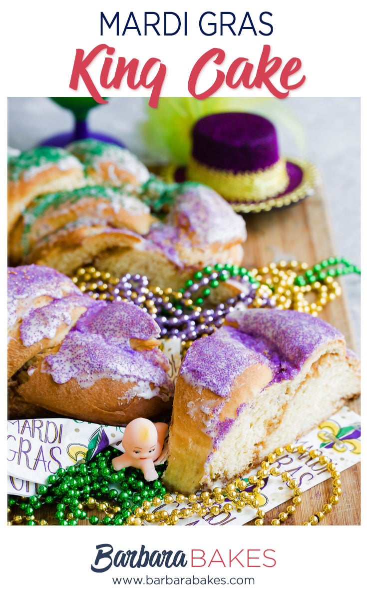 Mardis Gras King Cake with beads and Mardi Gras Napkins