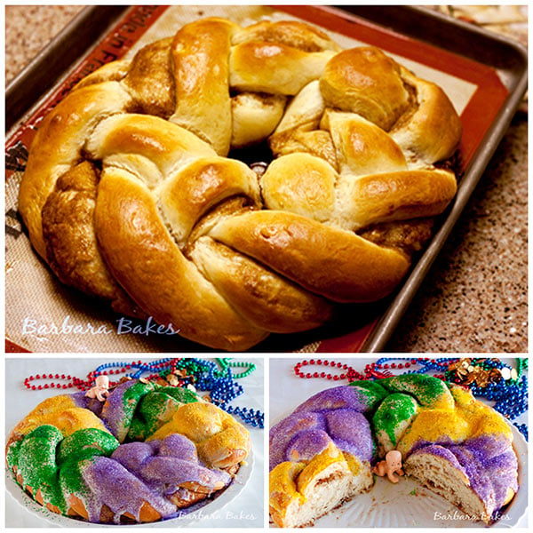 collage of Mardi Gras King Cake after baking