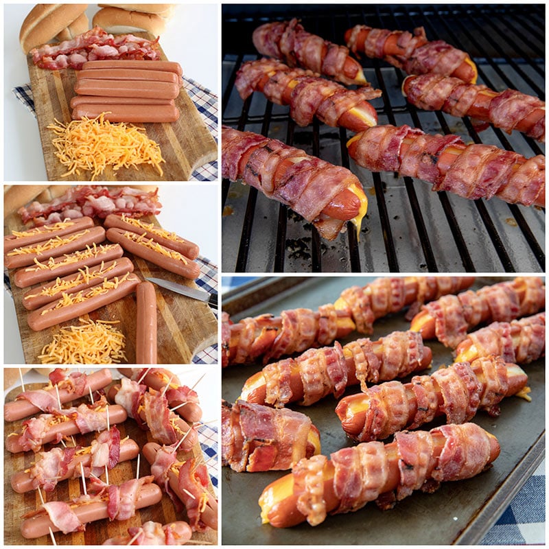 Photo collae of how to make Bacon Wrapped Cheese Hot Dogs