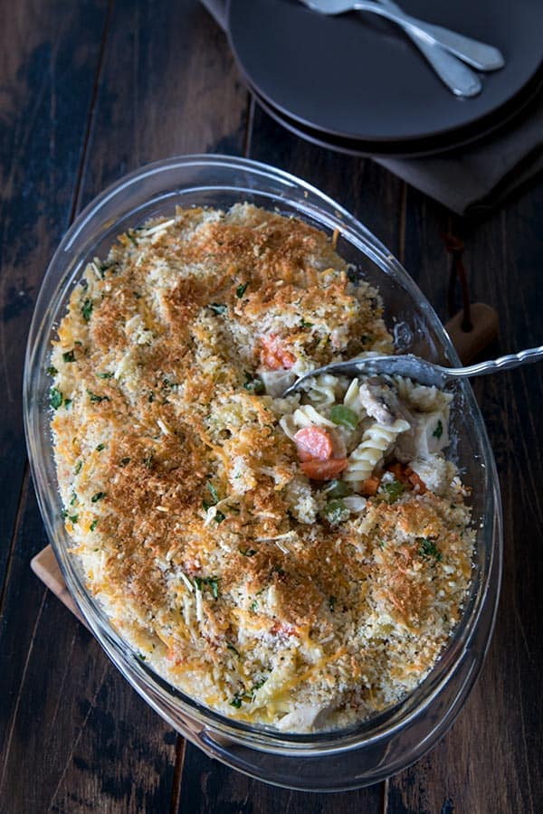 Chicken Tetrazzini is perfect comfort food. It's sort of a cross between a chicken pot pie and mac and cheese. 