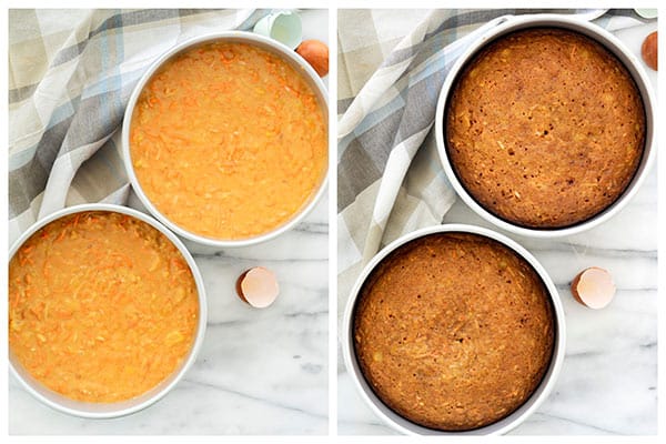 collage of before and after baking carrot cake layers