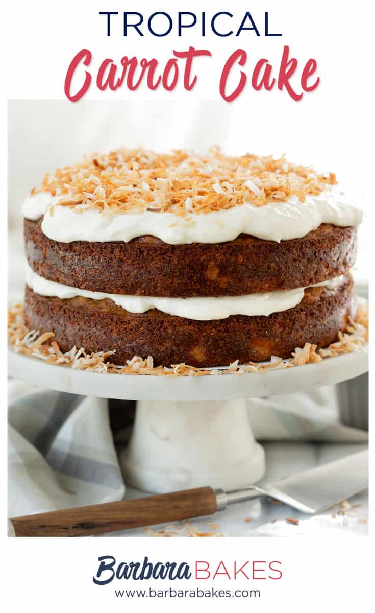 This Layered Tropical Carrot Cake with Coconut Cream Cheese Frosting is the best carrot cake I've ever tasted.  It's sweet but not too sweet; moist but not too dense or heavy. via @barbarabakes
