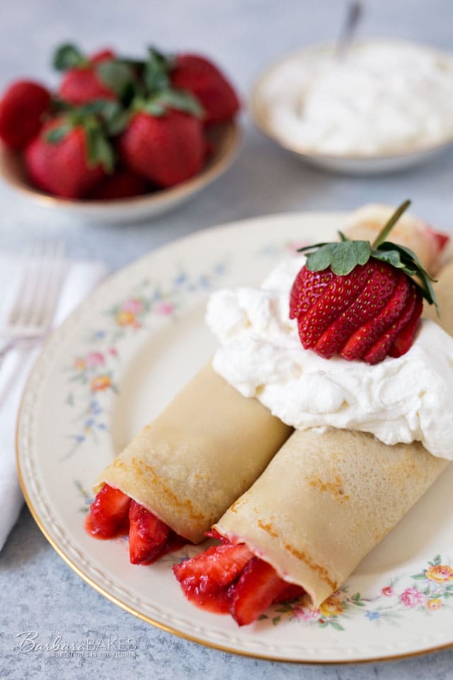 Crepes are thin little French pancakes that are actually easy to make. My family is crazy about Strawberry Crepes filled with strawberries and topped with fresh, lightly sweetened whipped cream.