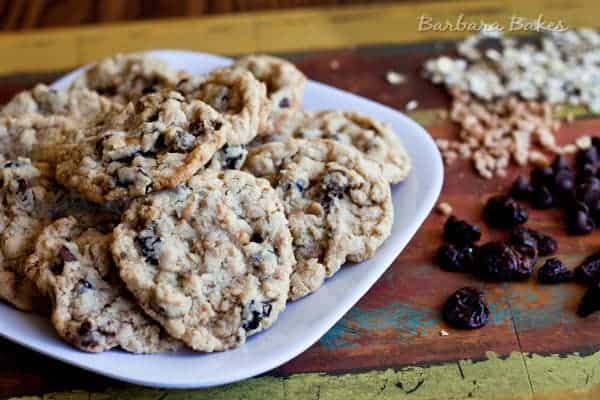 A Cherry Chocolate Chip Oatmeal Toffee Cookie loaded with&nbsp;oatmeal, tart dried cherries, rich chocolate chips, and crunchy toffee bits.&nbsp;