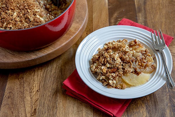 perfect apple crisp plated in a bowl and ready to be served