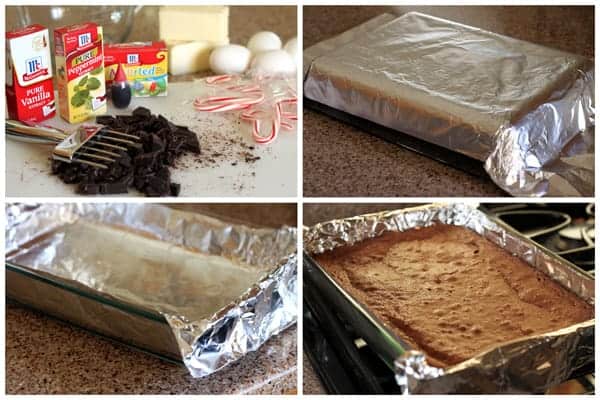 Photo collage of making Peppermint Candy Cane Brownies