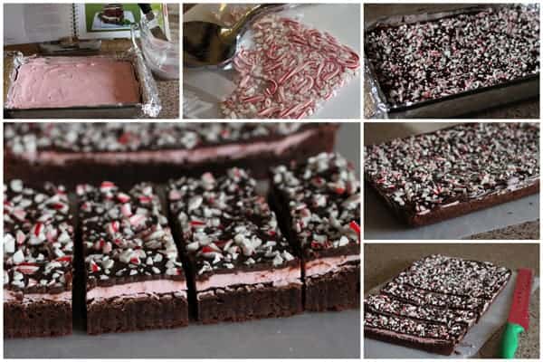 Photo collage showing the cutting and decorating fudgy brownies with chocolate ganache and candy canes