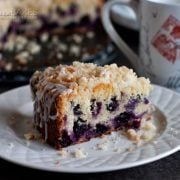 a plated slice of lemon blueberry coffee cake
