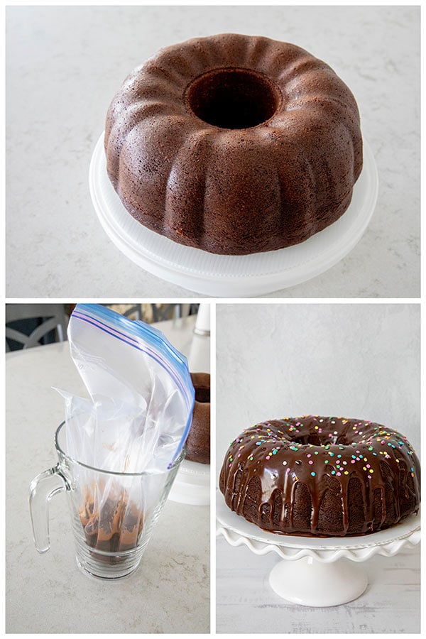 A photo collage of icing the chocolate bundt cake with chocolate ganache in a Ziploc bag. 