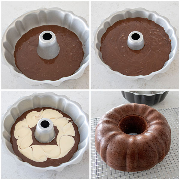 Step by step photo collage of filling the bundt cake with two different batters. 