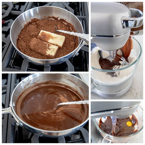 collage of making the chocolate bundt cake batter.