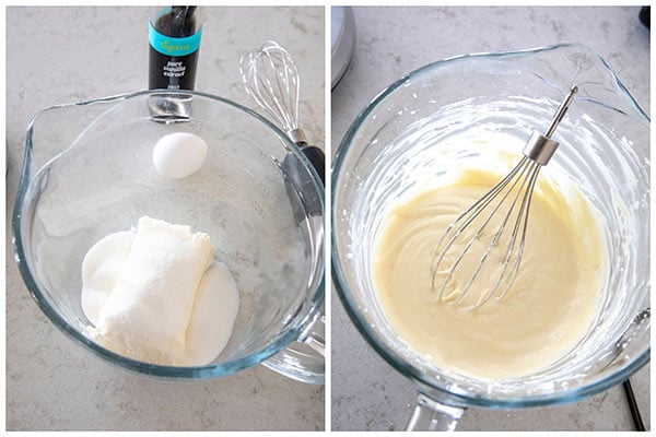 A photo collage showing the making of cheesecake batter for the cream cheese swirl.