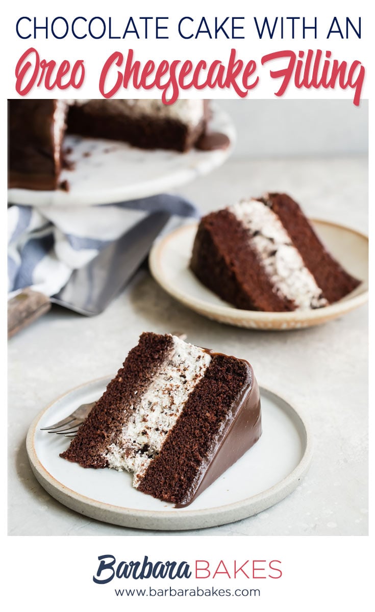 An easy-to-make, creamy no-bake Oreo cheesecake filling sandwiched between rich, moist chocolate cake dripping with a milk chocolate ganache with two slices.