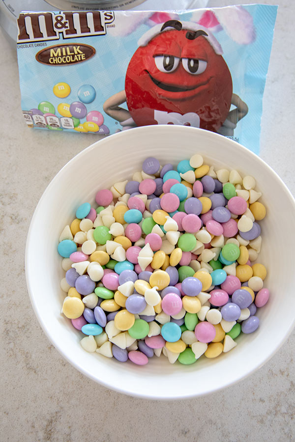 Easter M&M's with White Chocolate Chips in a bowl