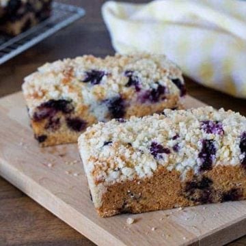 A moist, rich, delicious lemon blueberry quick bread baked in mini loaf pans; kind of a cross between a blueberry muffin and a blueberry coffee cake.