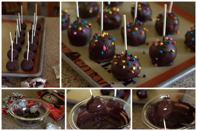 Photo collage of step by step photos showing how to make brownie cake pops