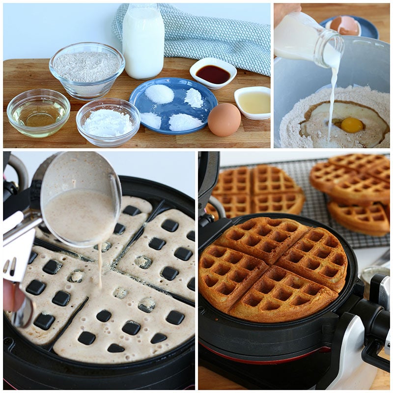 Photo collage of dry ingredients in a bowl for whole wheat waffle recipe. Wet ingredients in separate bowls in the background for healthy waffles.