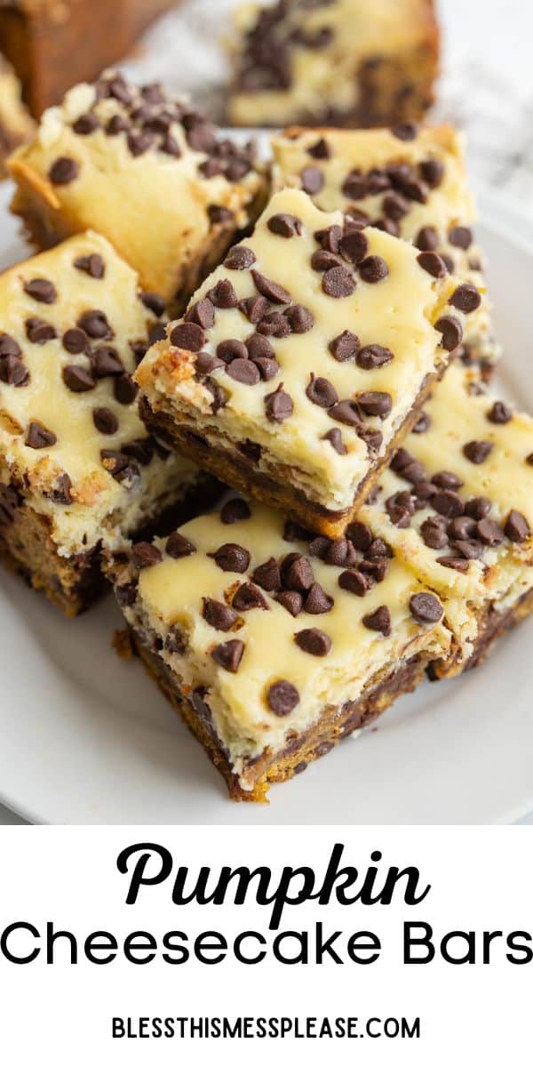Pumpkin Chocolate Chip Cheesecake Bars are rich, decadent and so delicious. A fudgy pumpkin chocolate chip base is topped with a creamy cheesecake layer studded with more chocolate chips. via @barbarabakes