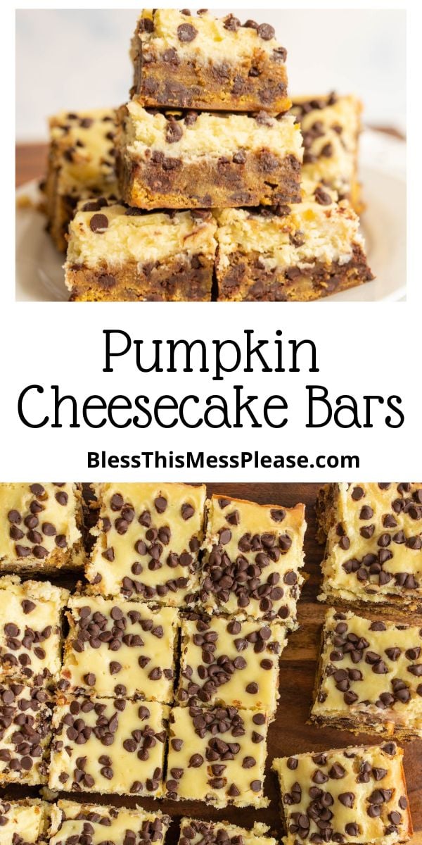 Pumpkin Chocolate Chip Cheesecake Bars are rich, decadent and so delicious. A fudgy pumpkin chocolate chip base is topped with a creamy cheesecake layer studded with more chocolate chips. via @barbarabakes