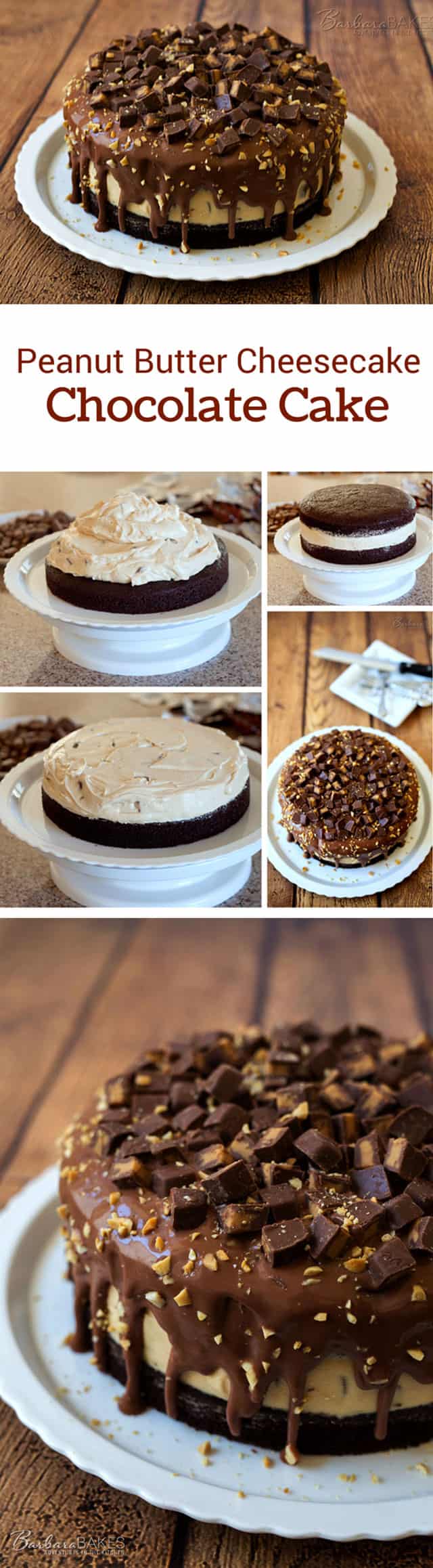 A collage of a rich, fudgy chocolate layer cake with a no-bake peanut butter cheesecake filling .