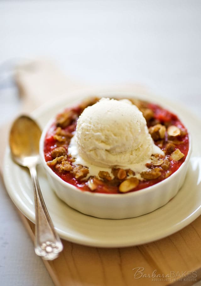 Tart rhubarb combined with sweet, ripe strawberries topped with a crisp oat and almond crumb topping, served piping hot with a scoop of vanilla bean ice cream. 