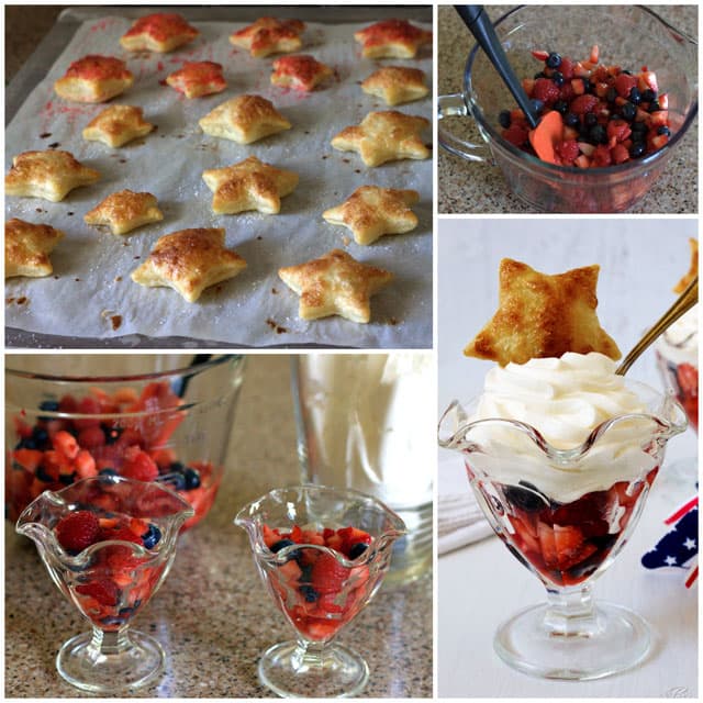 Collage of making Red, White & Blue Berry Puff Pastry Parfaits