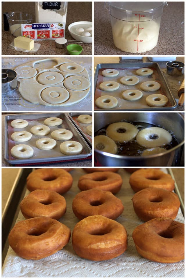 Photo collage showing the making of Chocolate Caramel Pecan Turtle Donuts