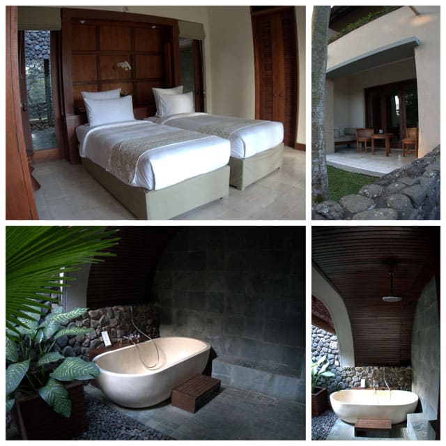 Collage of room photos. Our room had a huge, tropical, outdoor bathtub and shower area that was a great way to relax at the end of the day. The top was screened in and it was very private and secluded.