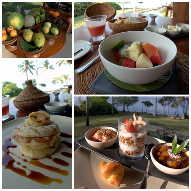 Collage from Alila Manggis. Breakfast at the Alila Manggis is a 3 course chef prepared meal, and always included lots of luscious tropical fruit. My favorite breakfast entree was buttermilk pancakes served with fresh banana, honeycomb butter and palm sugar syrup.