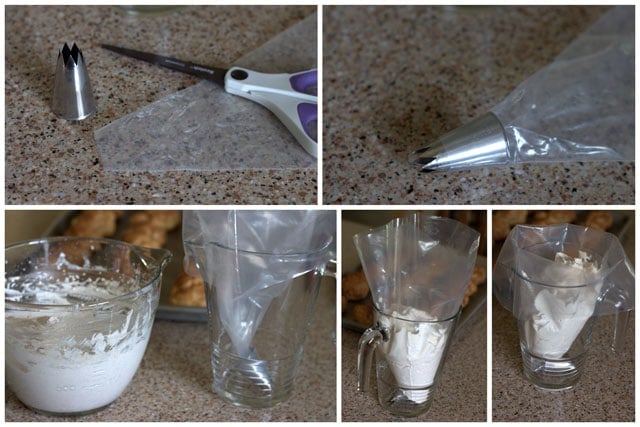 Photo collage of how to fill a disposable piping bag for piping cinnamon whipped cream.