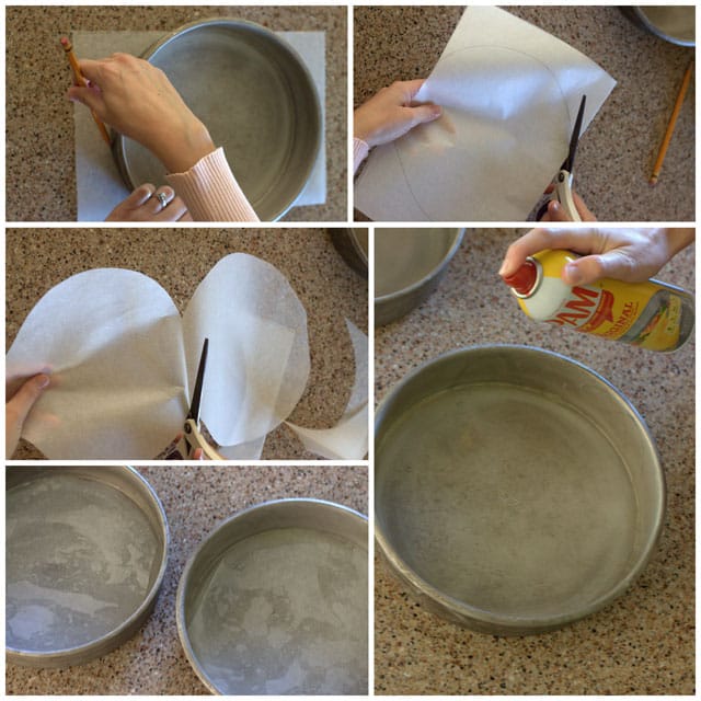 Collage of baking Tips for Layer Cakes - first Line Cake Pan With Parchment 